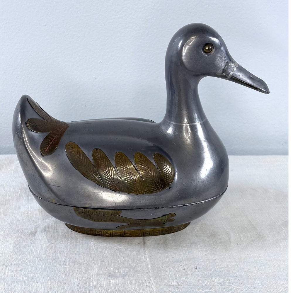 Vintage Pewter and Brass Duck Figurine Mixed Metal Greek Key‎ Base